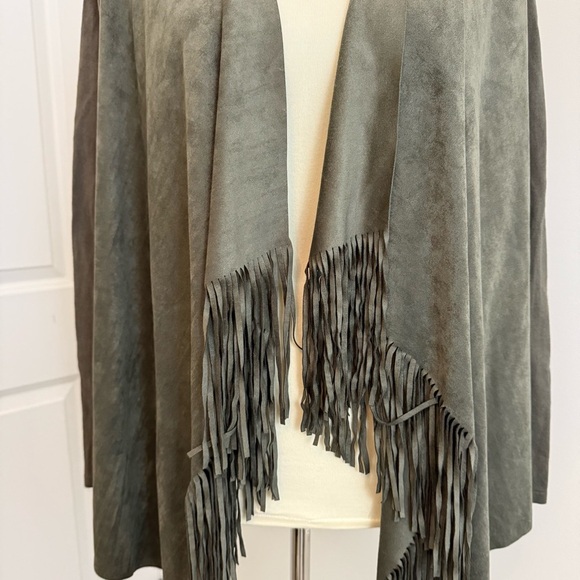 INC Olive Green Fringe Front Knit Long Sleeve Cardigan Sweater Size S Western - Picture 2 of 9